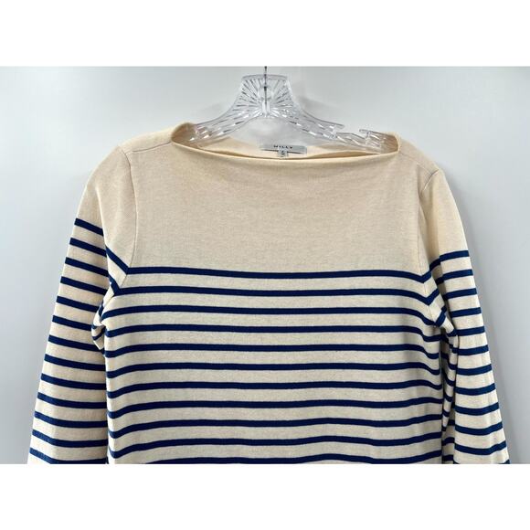 Milly Women's Blue Cream Striped Cotton Boat Neck Long Sleeve Tunic Top Size P - Picture 3 of 9